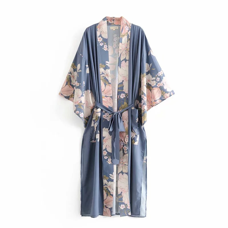 Long Kimono Trench Coat with Side Slits & Tie Waist