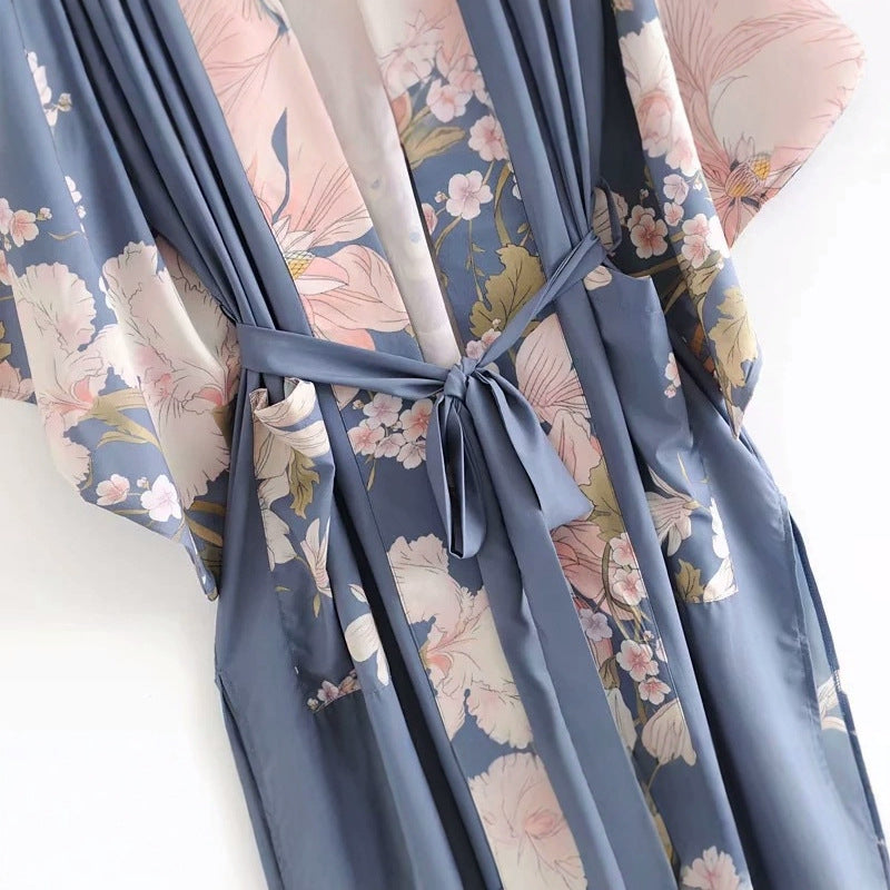 Long Kimono Trench Coat with Side Slits & Tie Waist