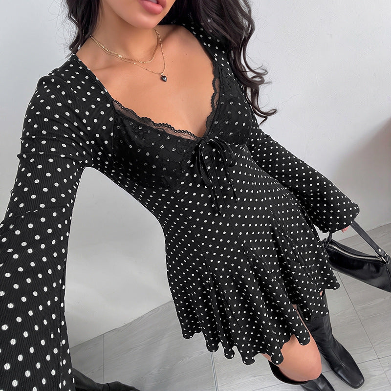 Lace V-neck Waist-cinching Mini Dress for Effortless Style