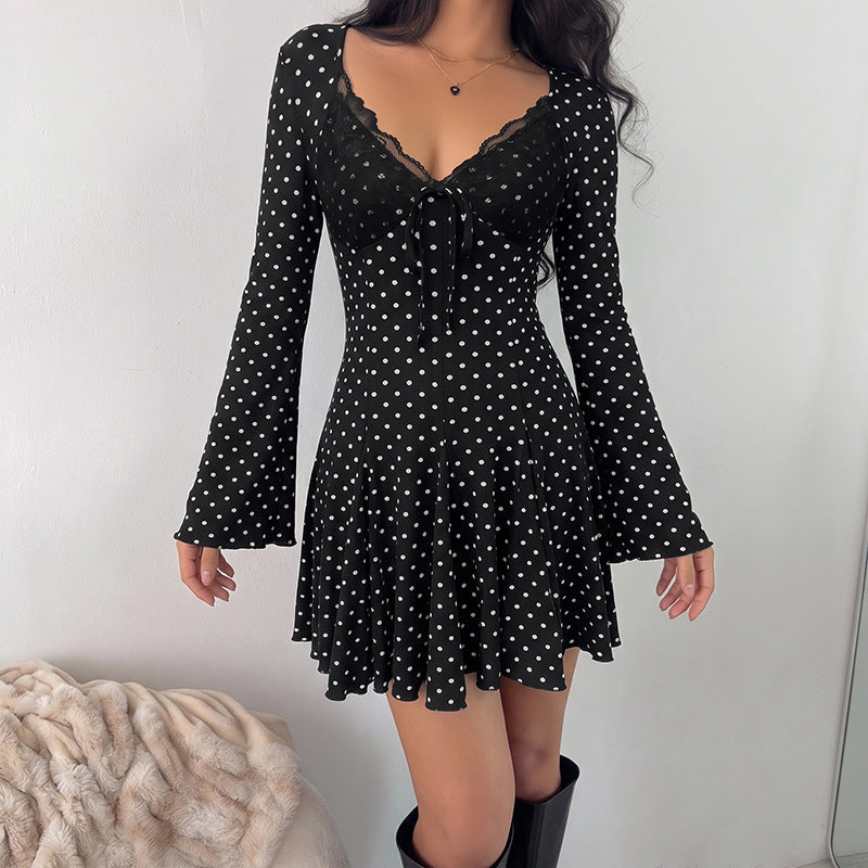 Lace V-neck Waist-cinching Mini Dress for Effortless Style