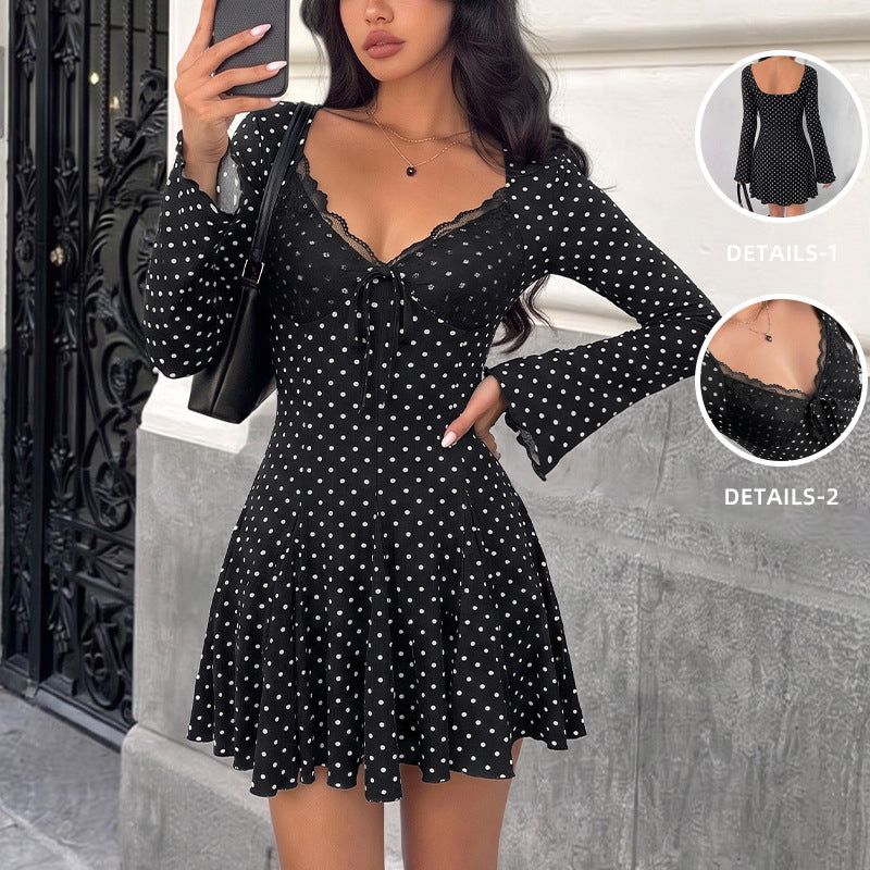 Lace V-neck Waist-cinching Mini Dress for Effortless Style