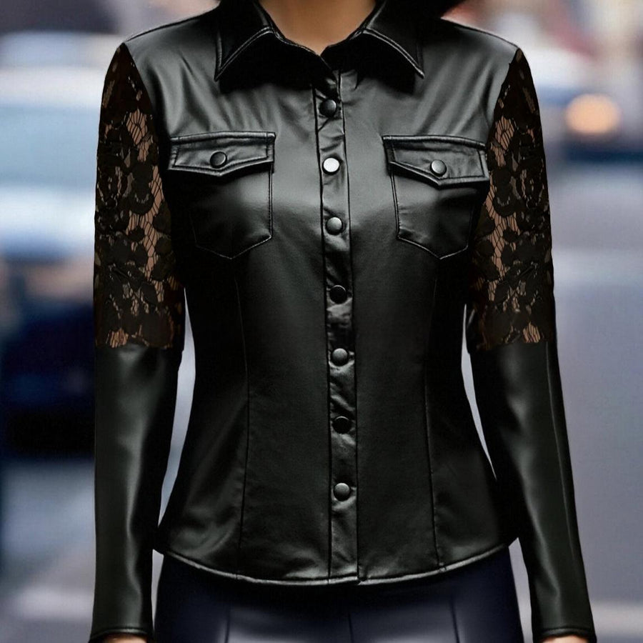 New-style Black Lace-panelled Leather Jacket for Trendy Looks
