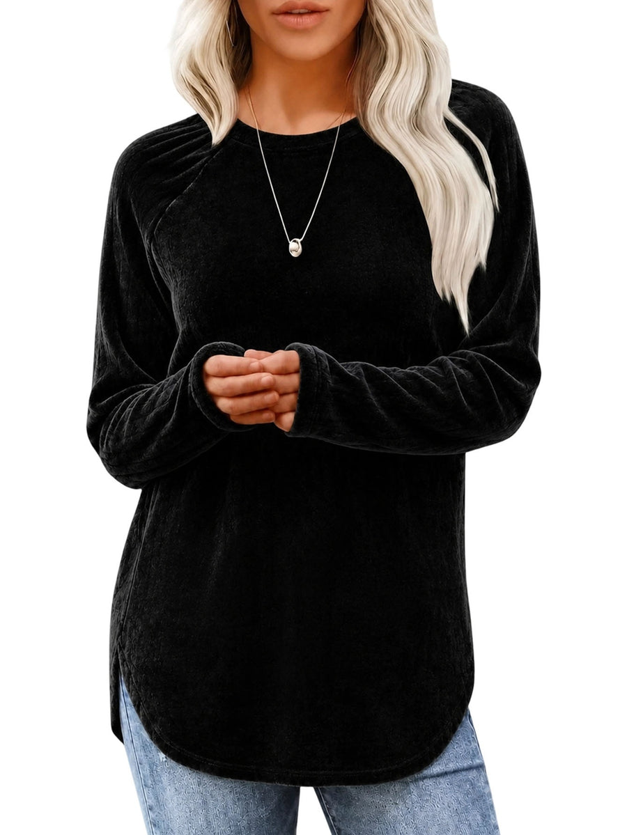 Lady's Round-neck Solid-color Velvet Blouse for Chic Style