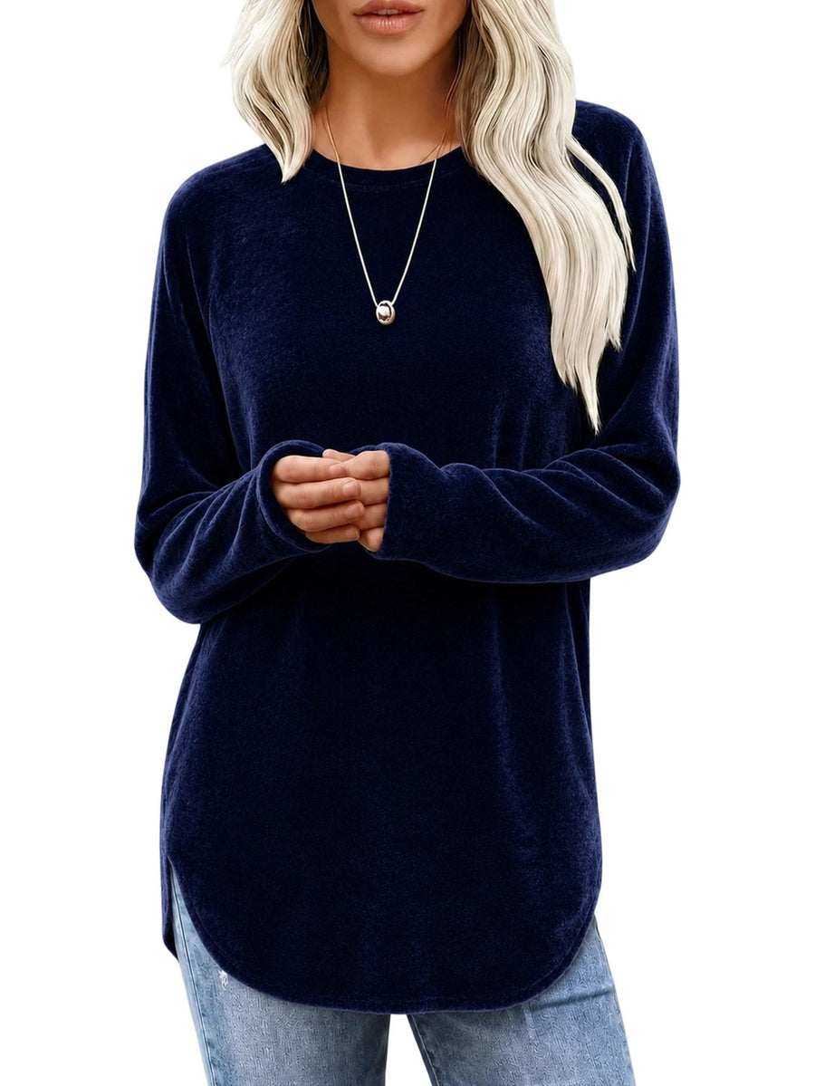 Lady's Round-neck Solid-color Velvet Blouse for Chic Style