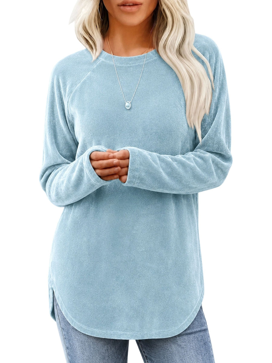 Lady's Round-neck Solid-color Velvet Blouse for Chic Style
