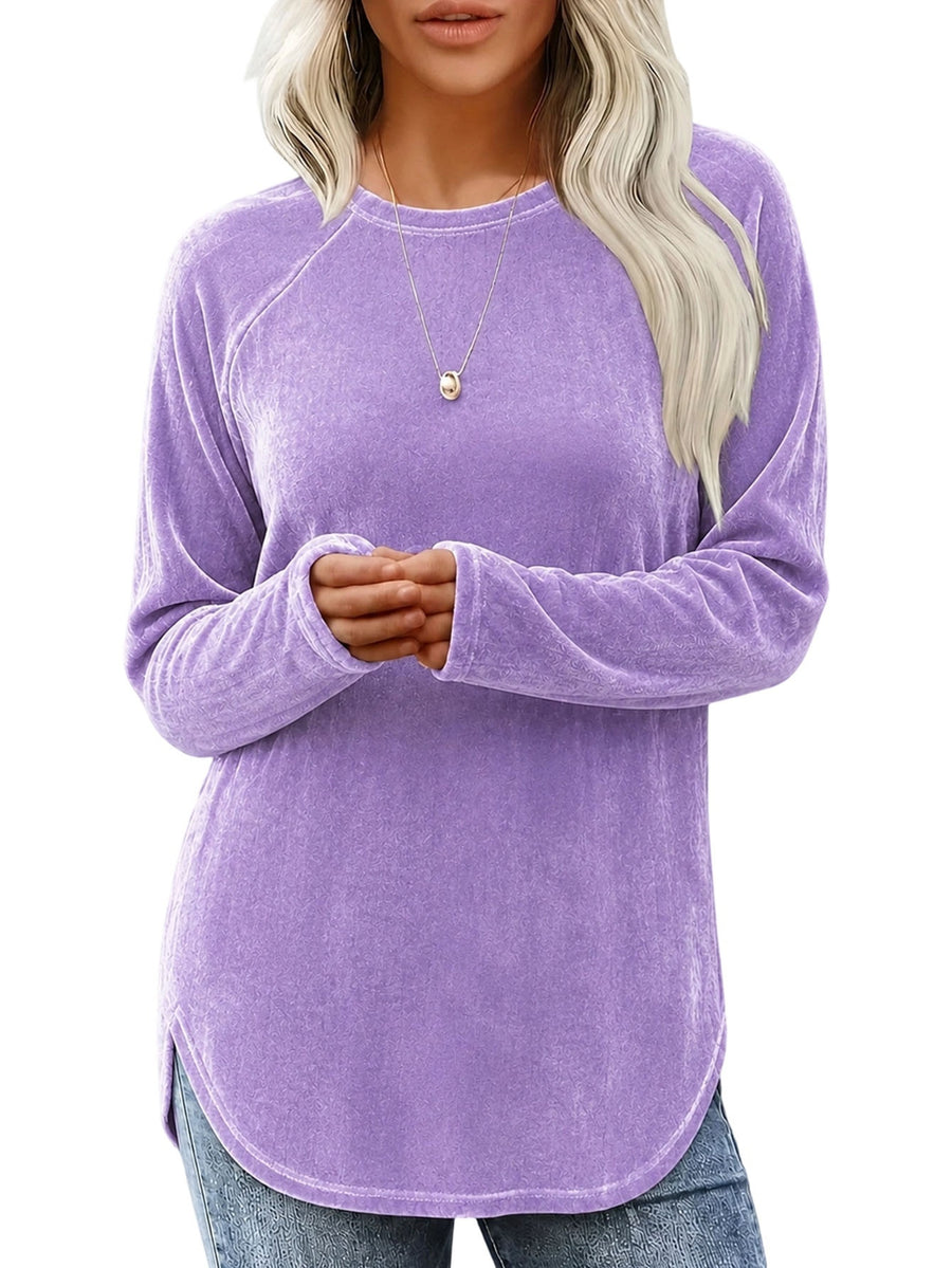 Lady's Round-neck Solid-color Velvet Blouse for Chic Style