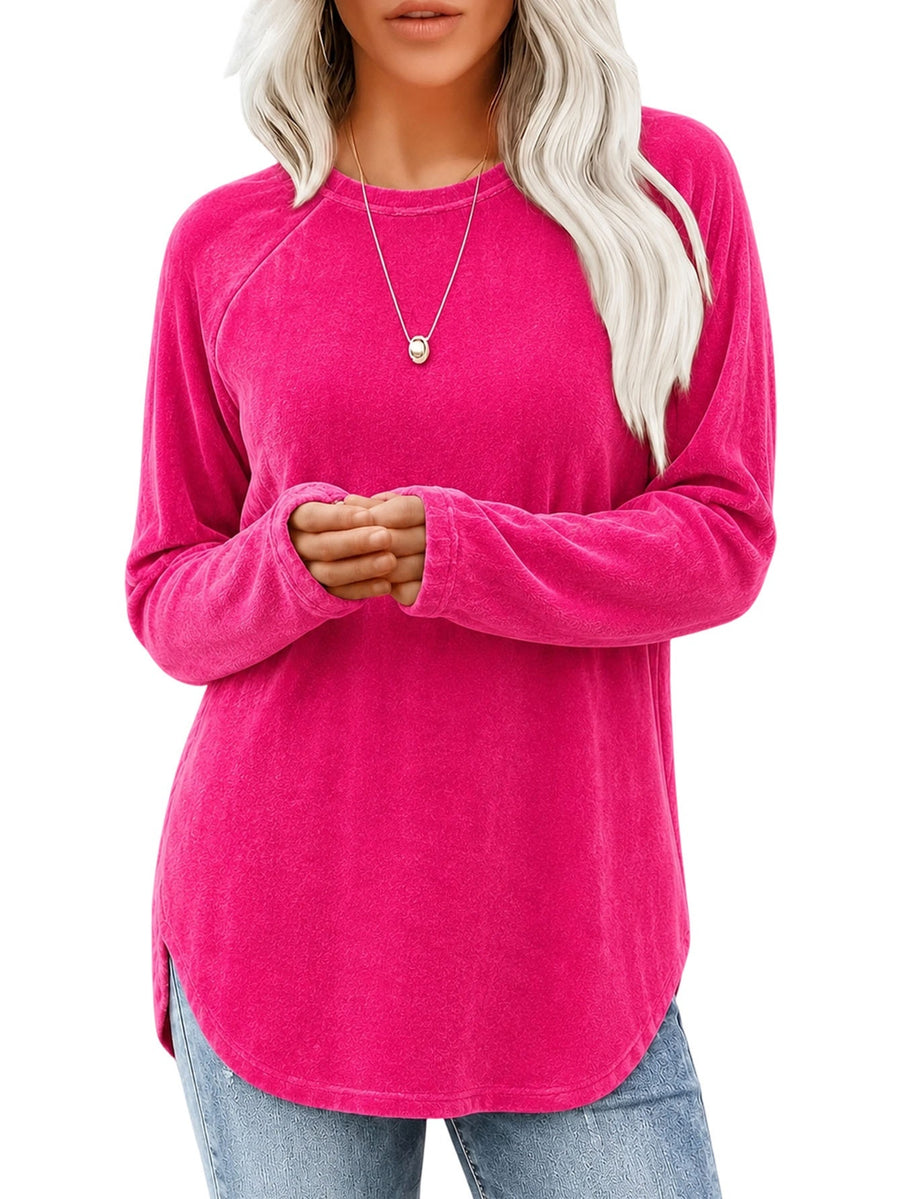 Lady's Round-neck Solid-color Velvet Blouse for Chic Style