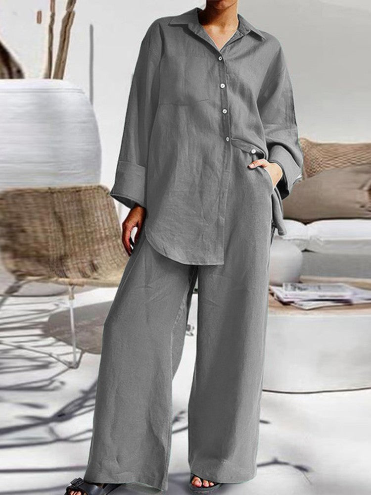 Long-sleeve Shirt and Fashionable Color Lounge Set