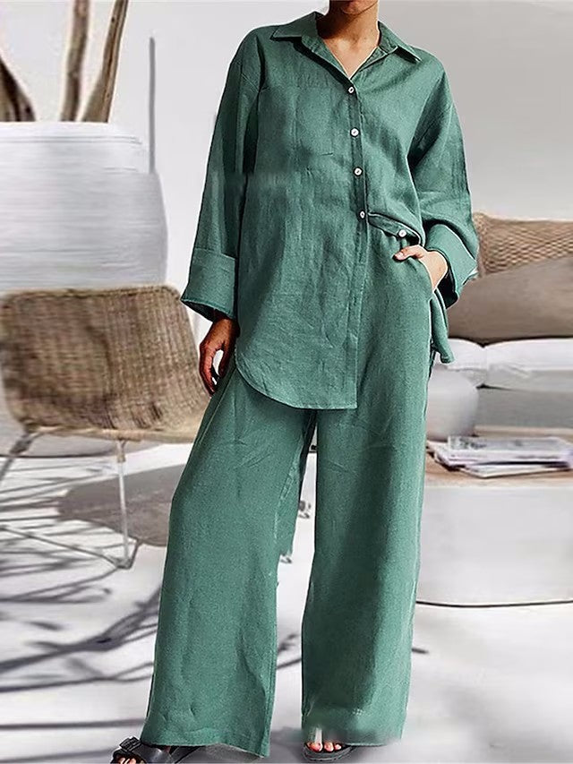 Long-sleeve Shirt and Fashionable Color Lounge Set