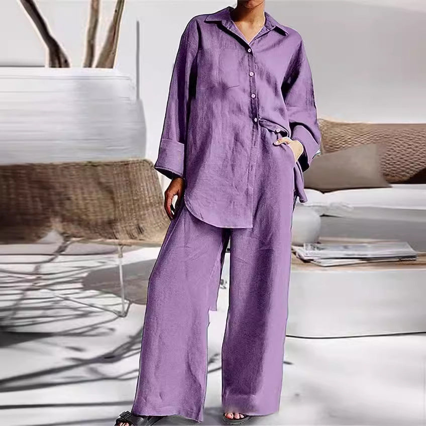 Long-sleeve Shirt and Fashionable Color Lounge Set