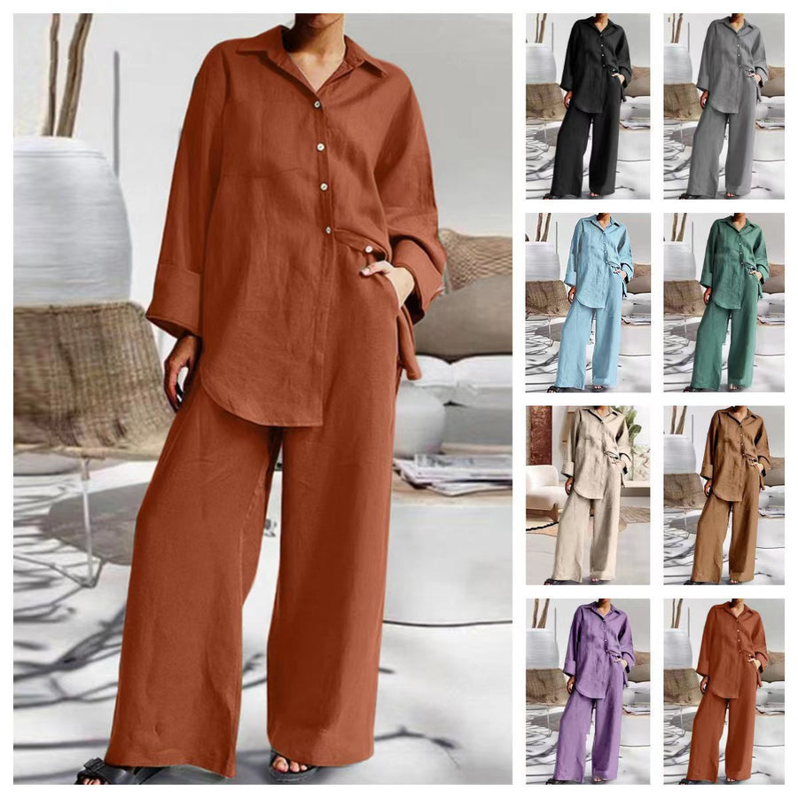 Long-sleeve Shirt and Fashionable Color Lounge Set