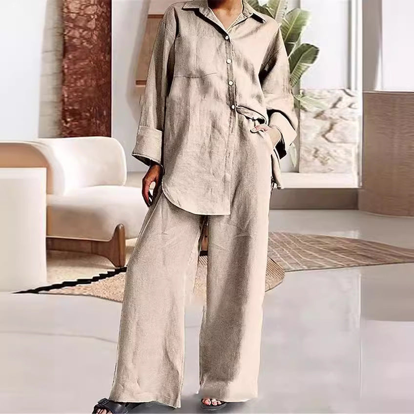 Long-sleeve Shirt and Fashionable Color Lounge Set