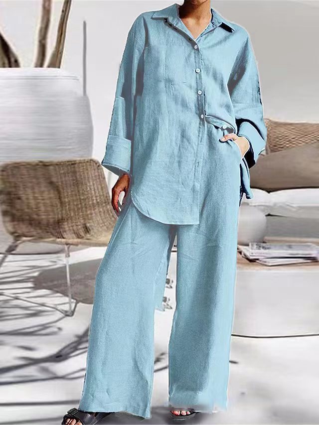 Long-sleeve Shirt and Fashionable Color Lounge Set