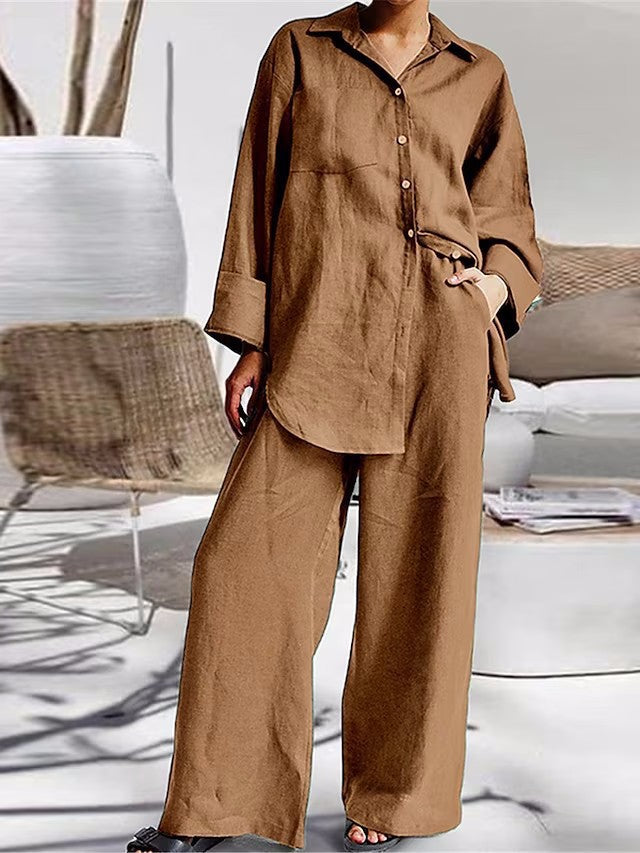 Long-sleeve Shirt and Fashionable Color Lounge Set