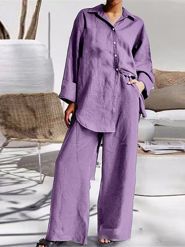 Long-sleeve Shirt and Fashionable Color Lounge Set