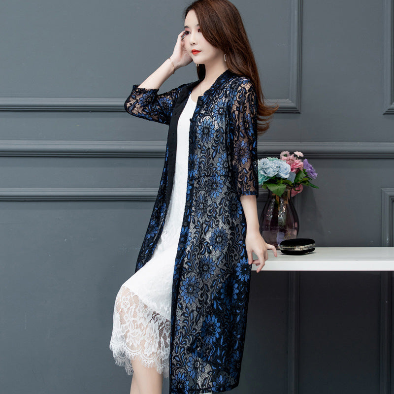Womens Lightweight Outerwear Printed Shawl Jacket - Trendy Denim