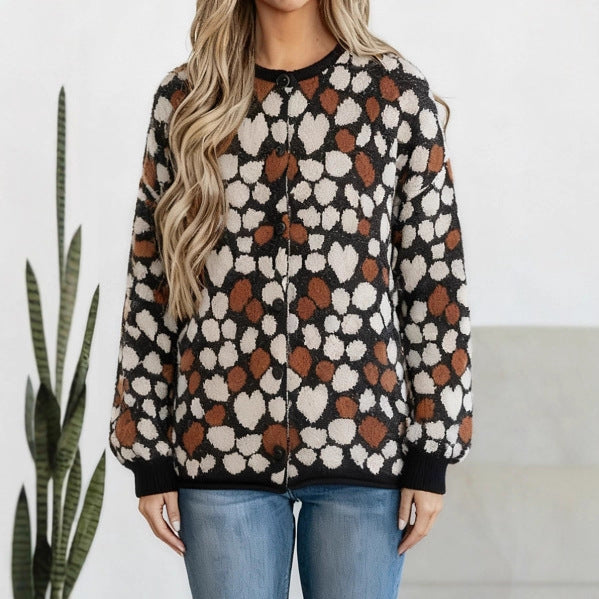 Womens Heart-Printed Round-Neck Cardigan Top for Everyday Style