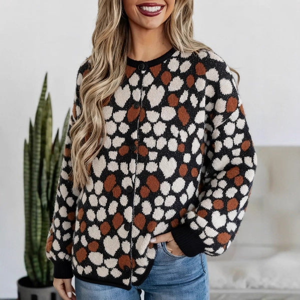Womens Heart-Printed Round-Neck Cardigan Top for Everyday Style