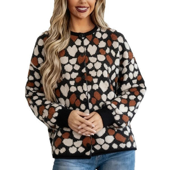 Womens Heart-Printed Round-Neck Cardigan Top for Everyday Style