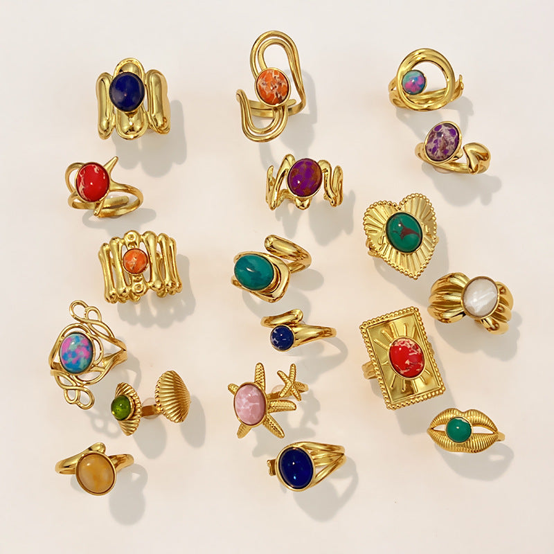 Vintage French-style Natural Stone Stainless Steel Ring