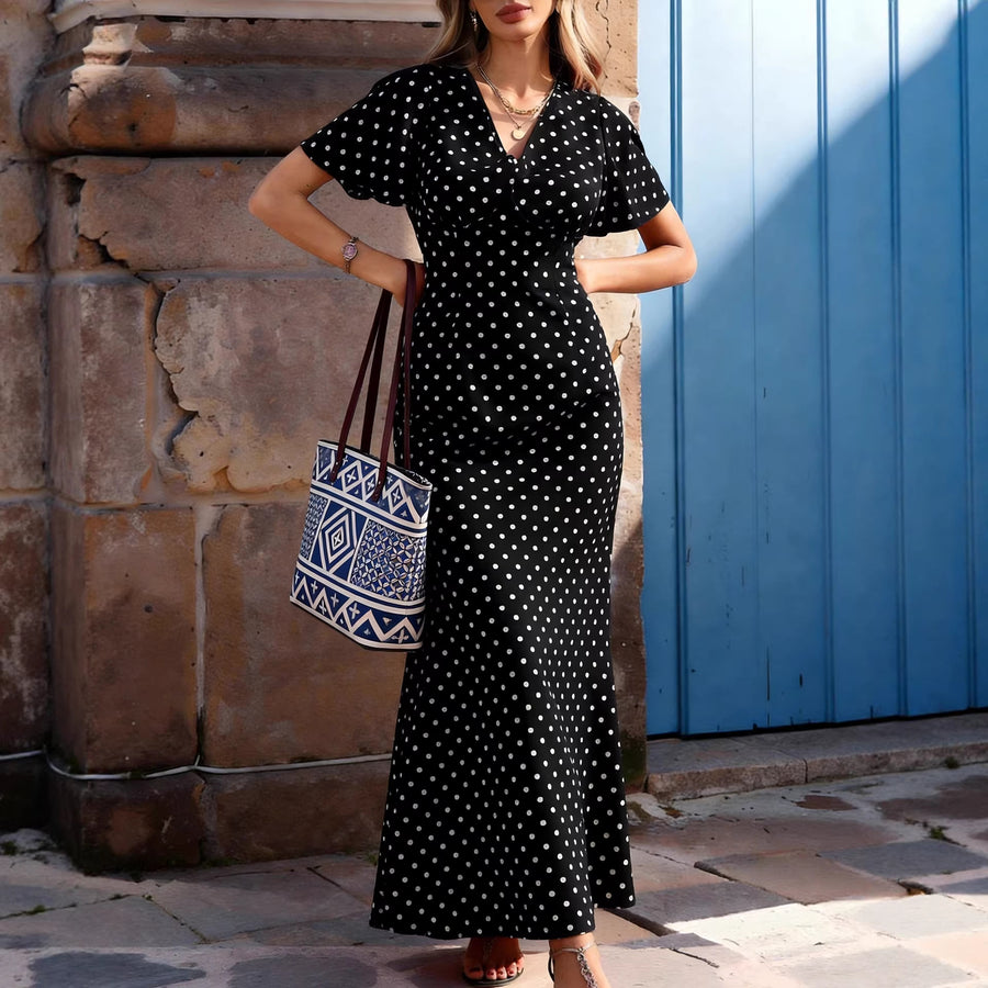 Womens Retro Polka-Dot V-Neck Dress for Stylish Comfort