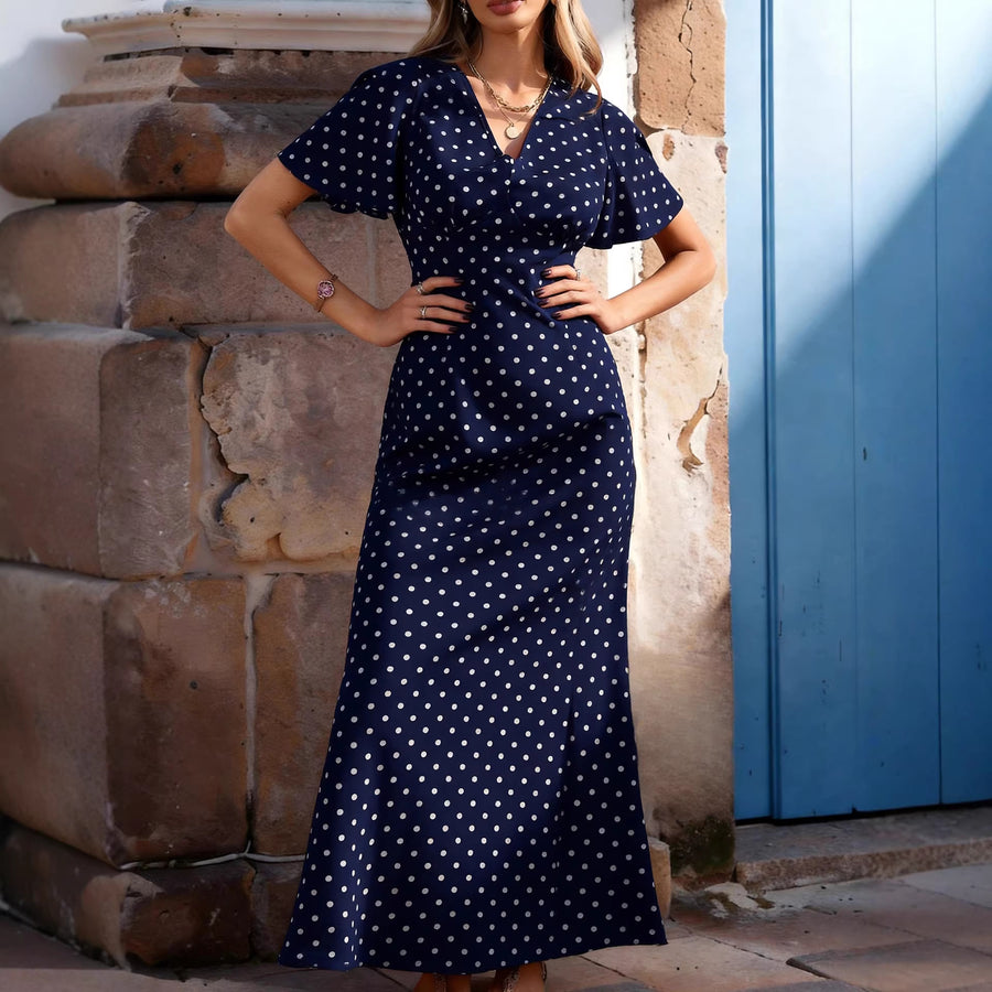 Womens Retro Polka-Dot V-Neck Dress for Stylish Comfort
