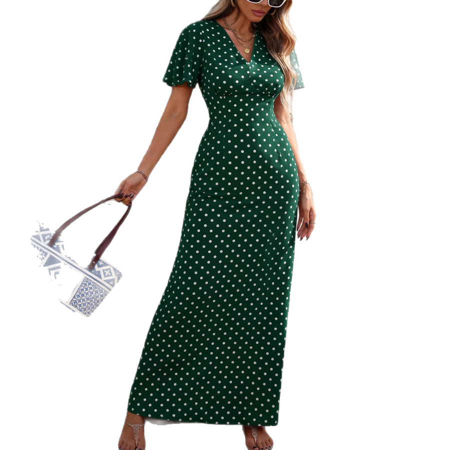 Womens Retro Polka-Dot V-Neck Dress for Stylish Comfort