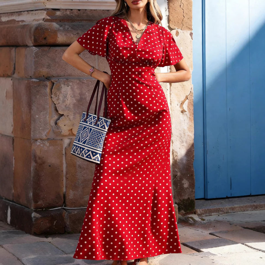 Womens Retro Polka-Dot V-Neck Dress for Stylish Comfort