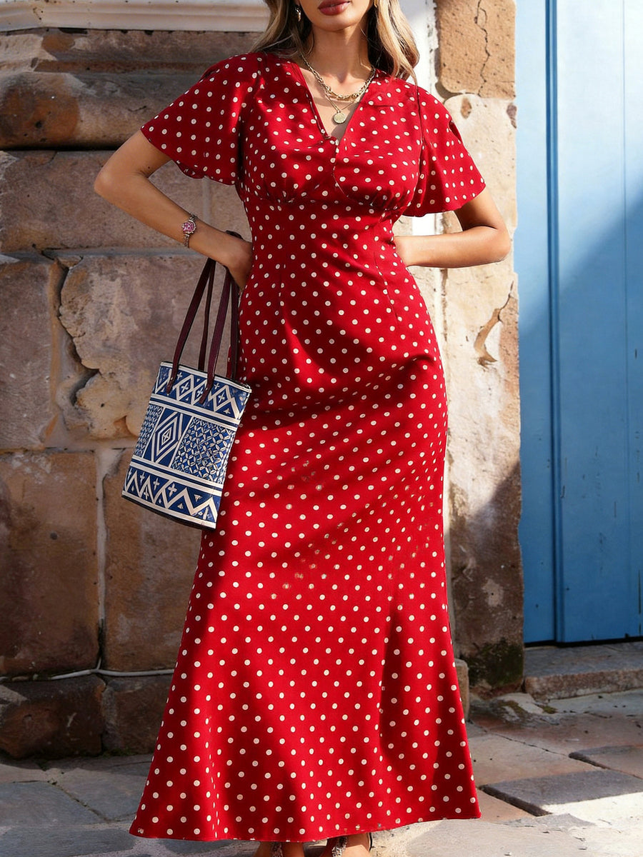 Womens Retro Polka-Dot V-Neck Dress for Stylish Comfort
