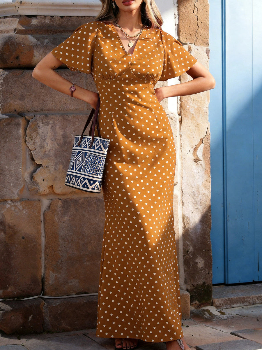 Womens Retro Polka-Dot V-Neck Dress for Stylish Comfort