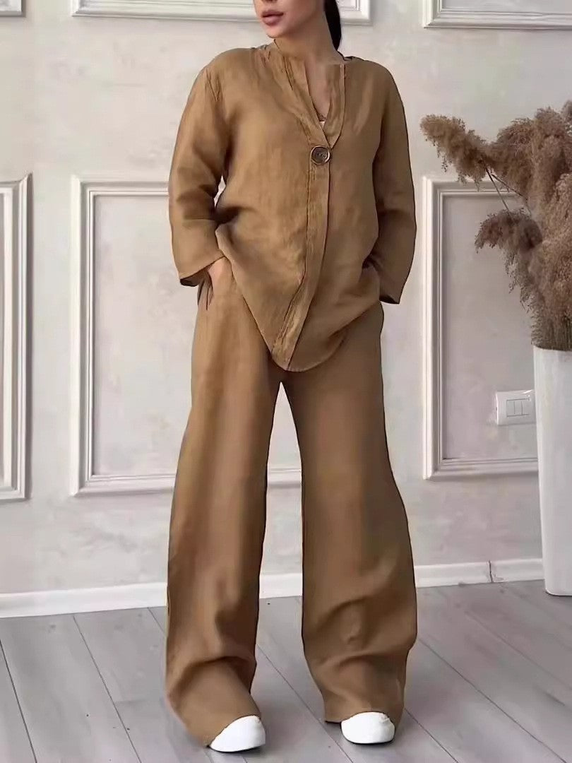 Relaxed-fit Top And Wide-leg Pants Casual Cotton-linen Set