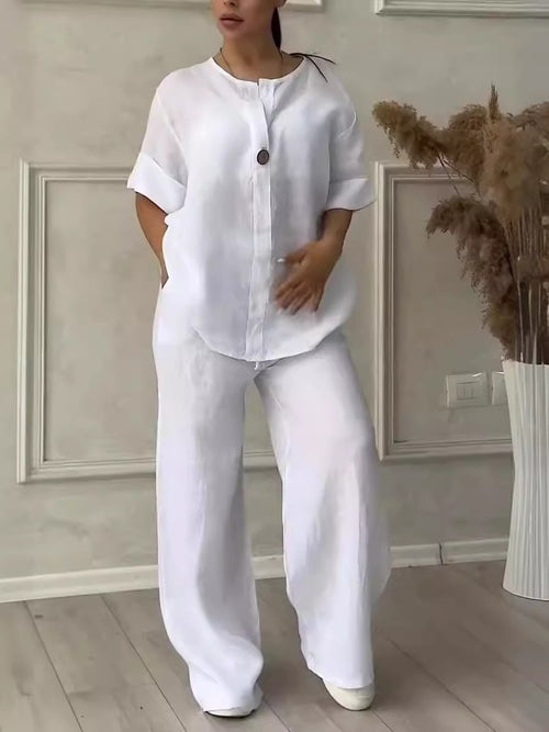 Relaxed-fit Top And Wide-leg Pants Casual Cotton-linen Set
