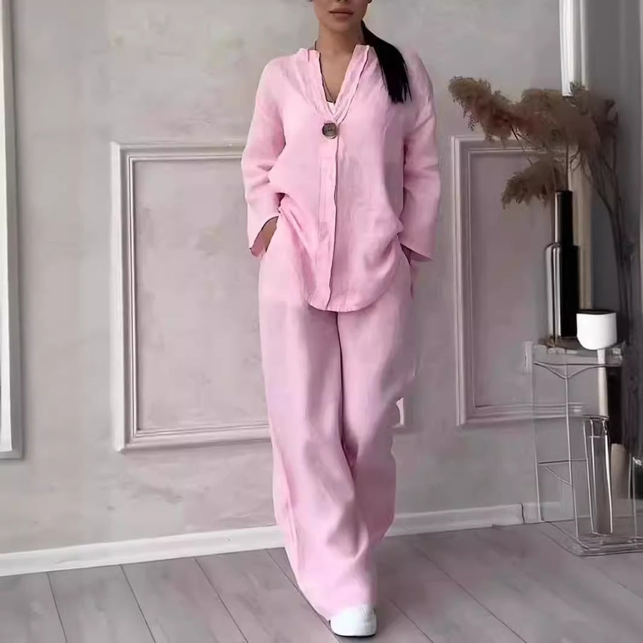 Relaxed-fit Top And Wide-leg Pants Casual Cotton-linen Set