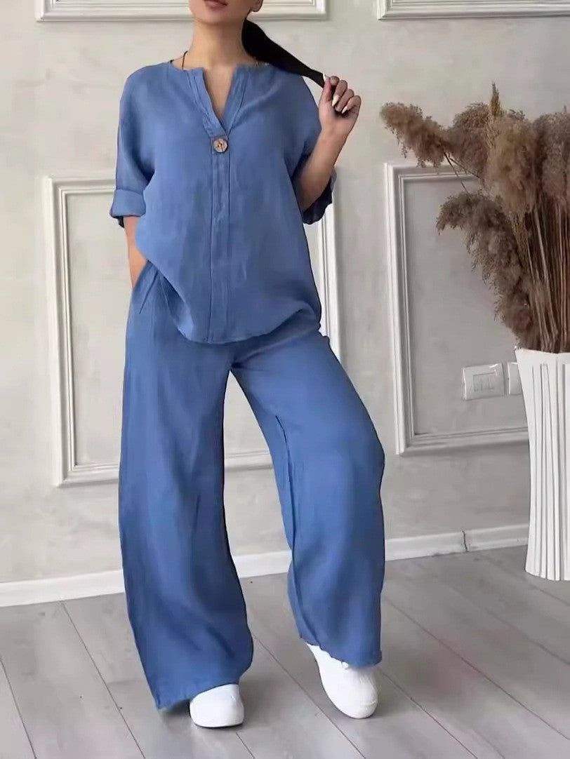 Relaxed-fit Top And Wide-leg Pants Casual Cotton-linen Set