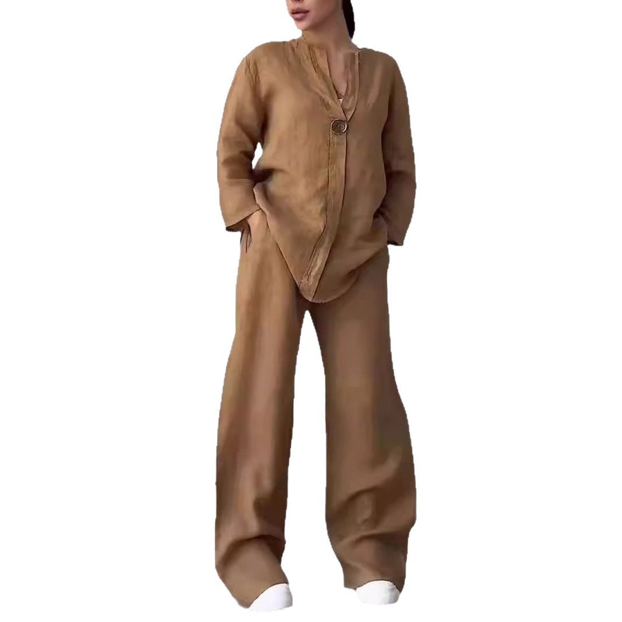 Relaxed-fit Top And Wide-leg Pants Casual Cotton-linen Set