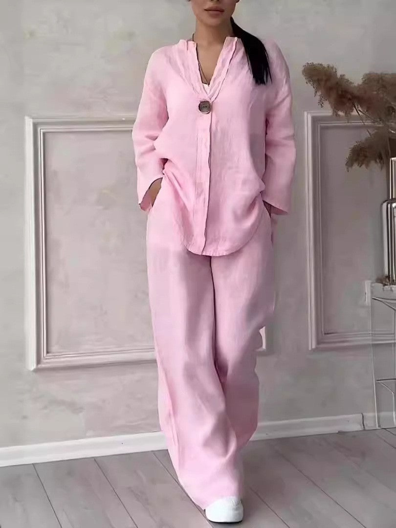 Relaxed-fit Top And Wide-leg Pants Casual Cotton-linen Set