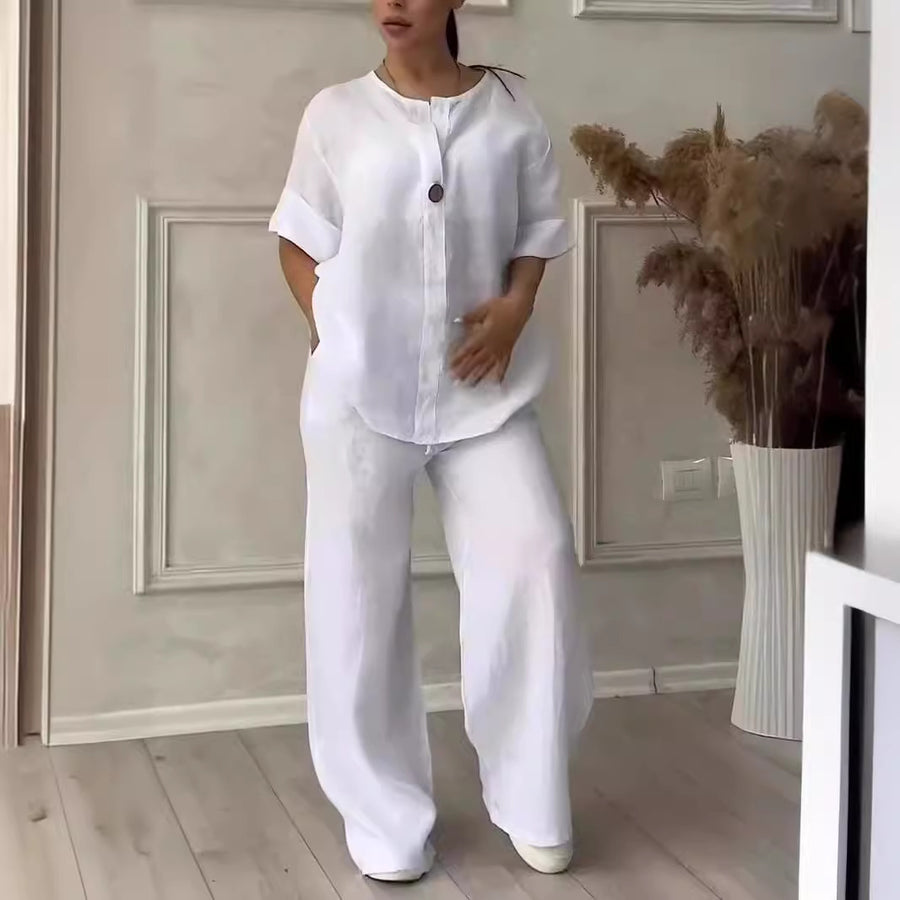 Relaxed-fit Top And Wide-leg Pants Casual Cotton-linen Set