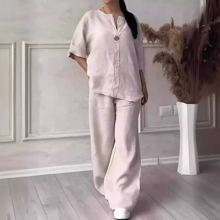 Relaxed-fit Top And Wide-leg Pants Casual Cotton-linen Set