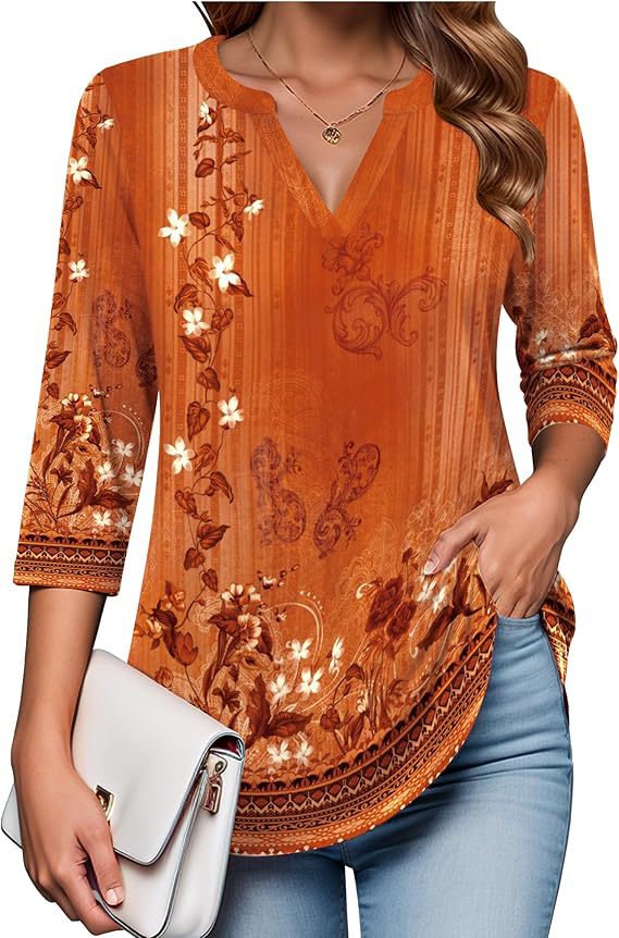 Womens Digital-Print Mid-Sleeve V-Neck Top - Trendy Tank Top