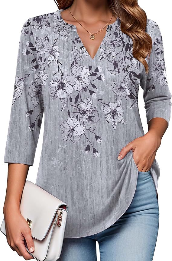 Womens Digital-Print Mid-Sleeve V-Neck Top - Trendy Tank Top