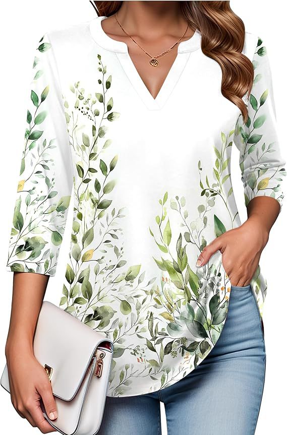 Womens Digital-Print Mid-Sleeve V-Neck Top - Trendy Tank Top