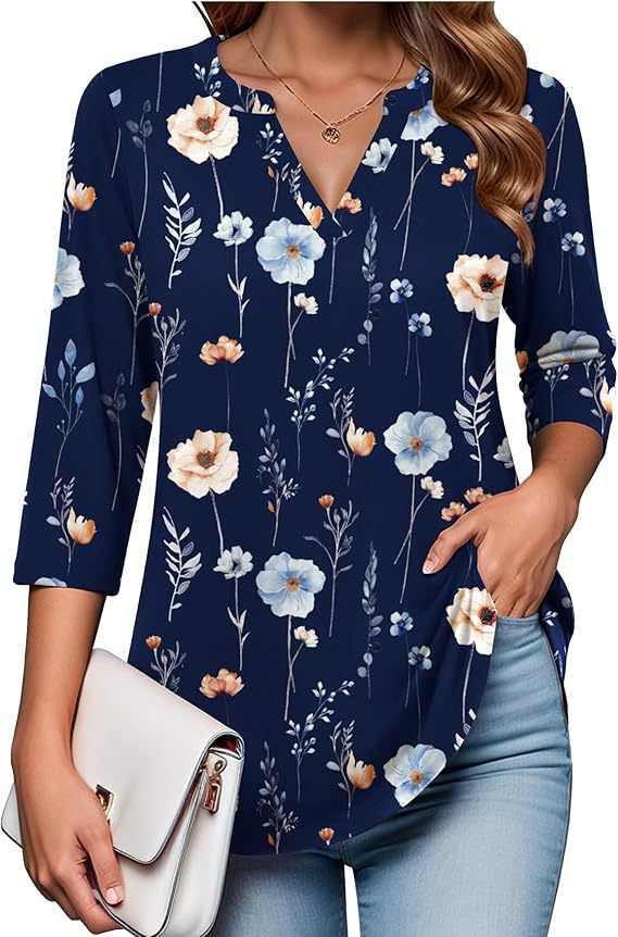 Womens Digital-Print Mid-Sleeve V-Neck Top - Trendy Tank Top