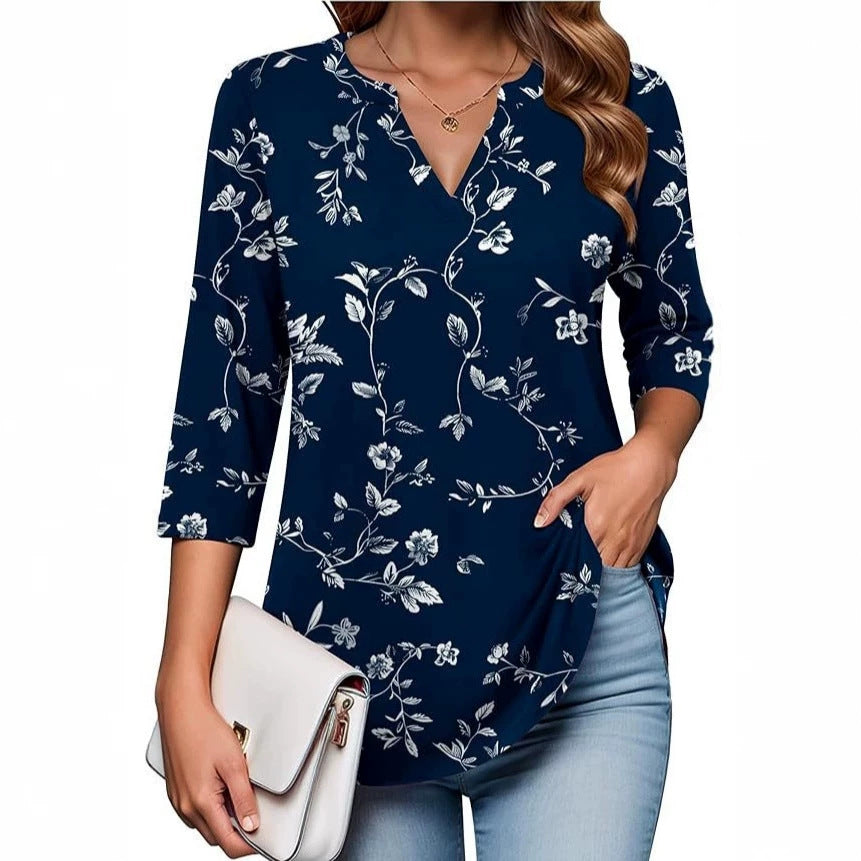 Womens Digital-Print Mid-Sleeve V-Neck Top - Trendy Tank Top
