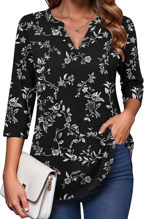 Womens Digital-Print Mid-Sleeve V-Neck Top - Trendy Tank Top