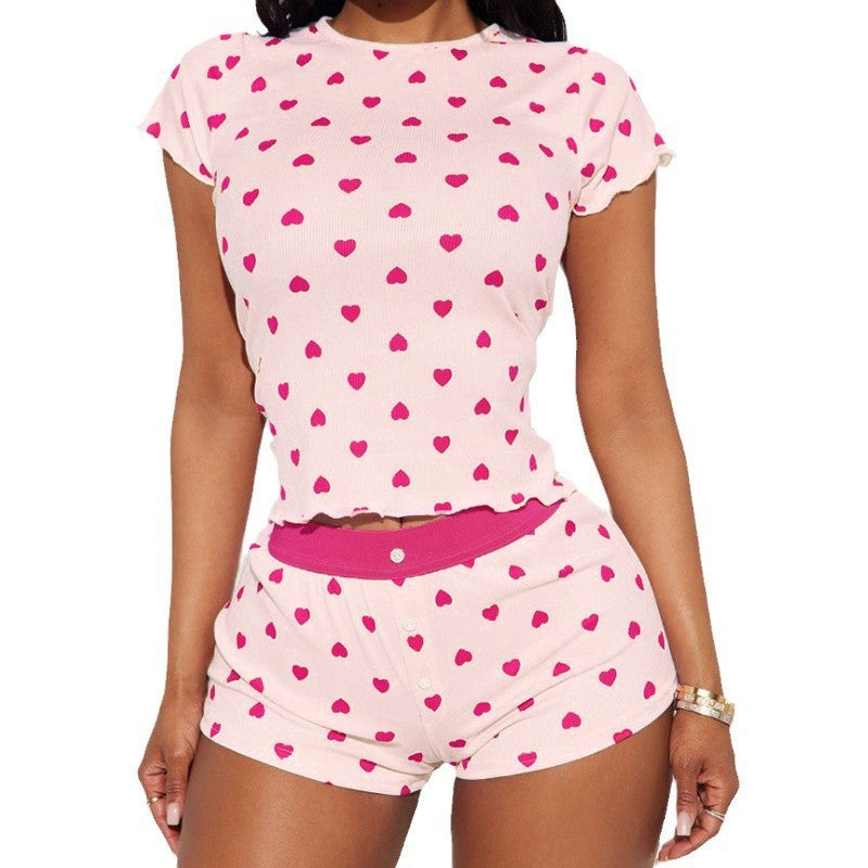 New Women's Heart Print Contrast Color Lounge Set