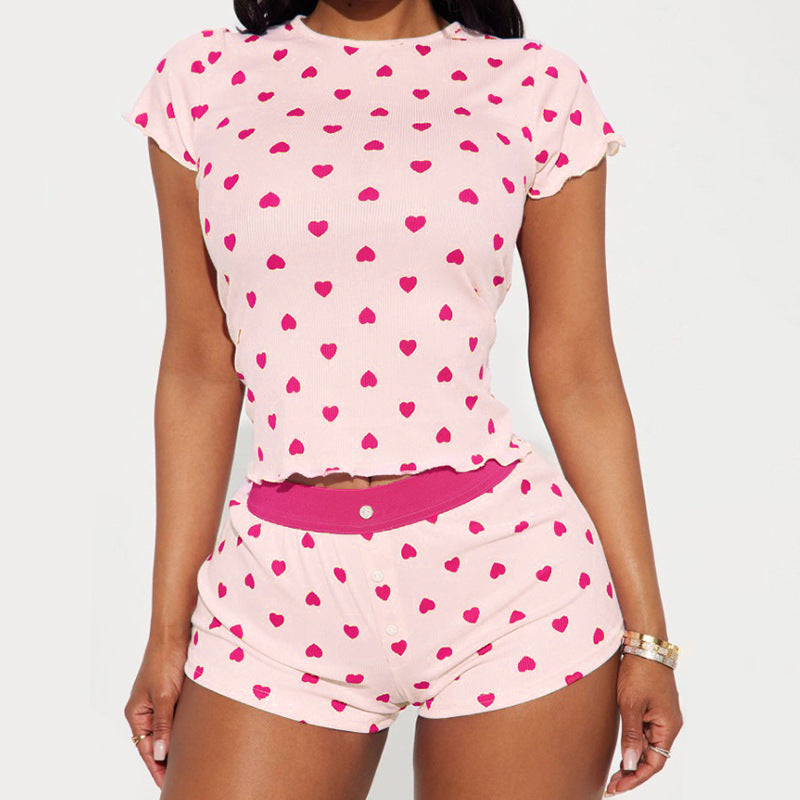 New Women's Heart Print Contrast Color Lounge Set