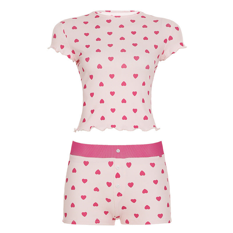 New Women's Heart Print Contrast Color Lounge Set