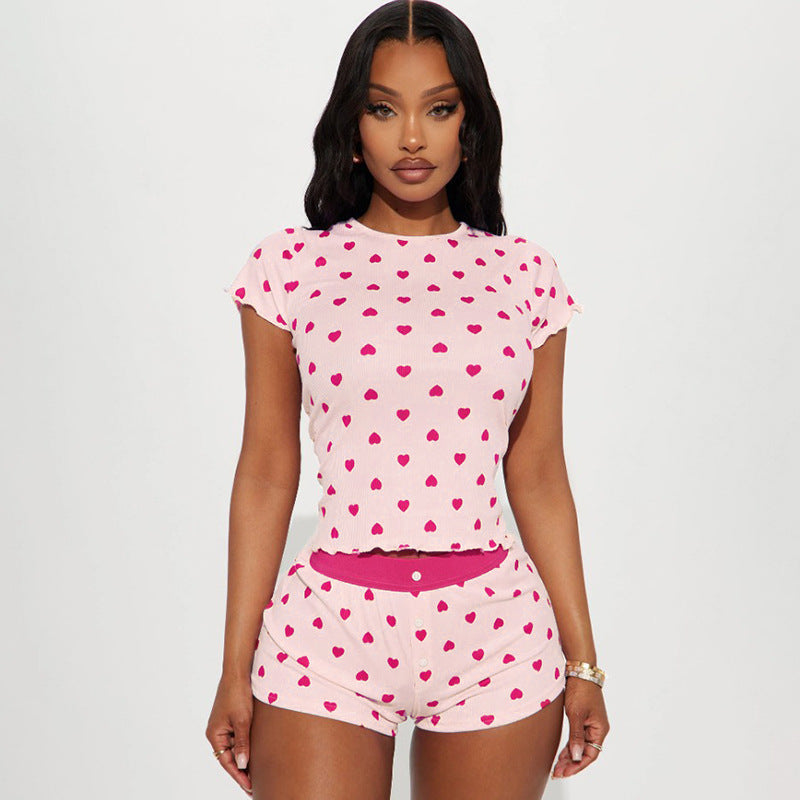 New Women's Heart Print Contrast Color Lounge Set