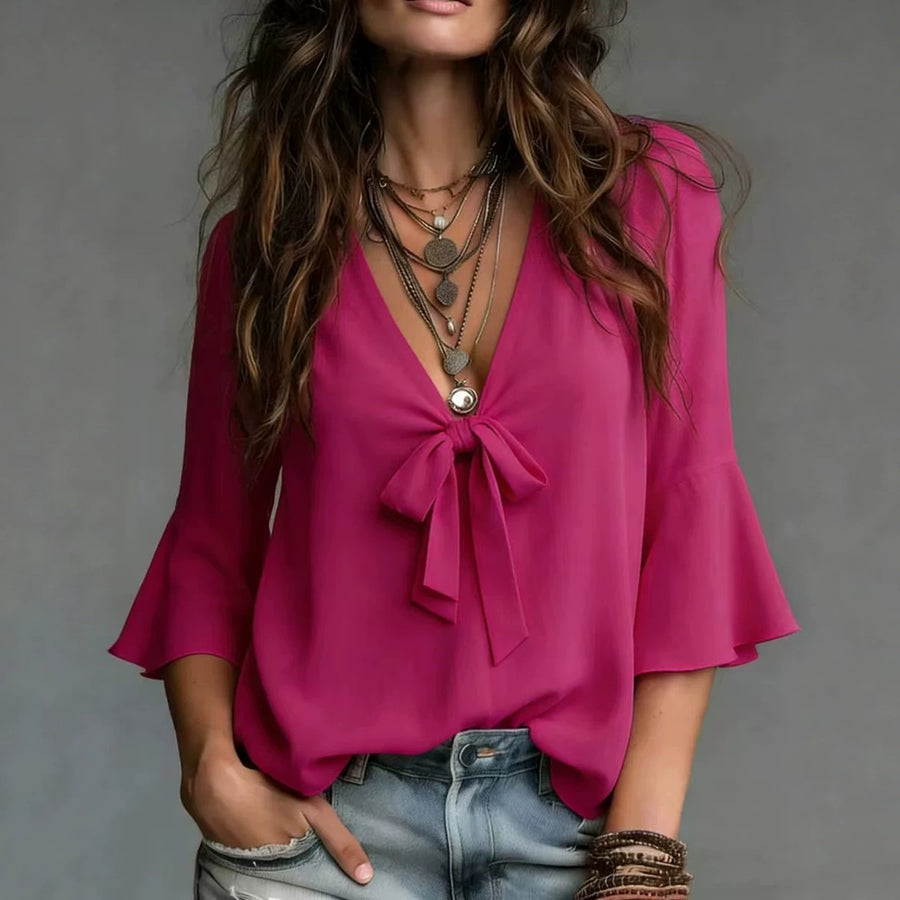 Elegant Woven Solid-color V-neck Tank Top with Flared Sleeves