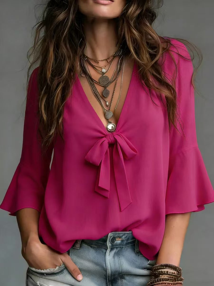 Elegant Woven Solid-color V-neck Tank Top with Flared Sleeves